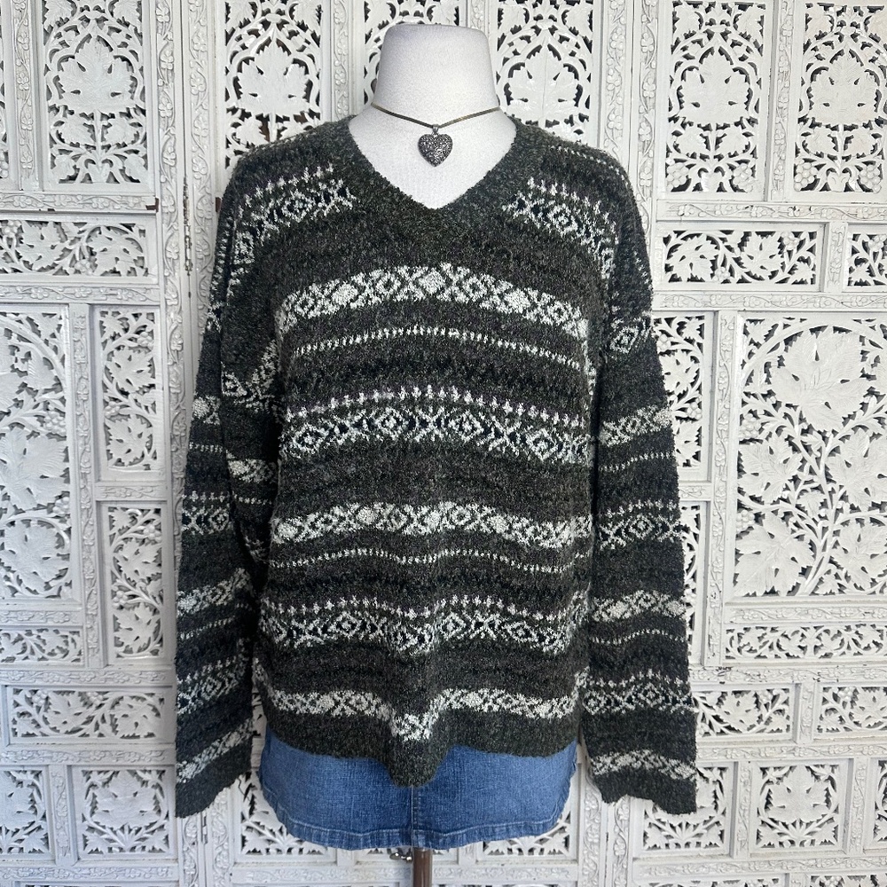 Britches For Women Fair Isle Wool‎ Blend V Neck Chunky Sweater Sz Large